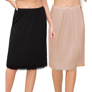 Lovasy 2 Pieces Slip Skirt for Women Lace Half Slips Anti-Static Underskirt Knee Length Under Dress Slips S-3XL(Black & Camel)
