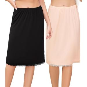 Lovasy 2 Pieces Slip Skirt for Women Lace Half Slips Anti-Static Underskirt Knee Length Under Dress Slips S-3XL(Black & Nude)