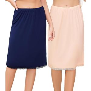 Lovasy 2 Pieces Slip Skirt for Women Lace Half Slips Anti-Static Underskirt Knee Length Under Dress Slips S-3XL(Nude & Navy Blue)