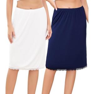 Lovasy 2 Pieces Slip Skirt for Women Lace Half Slips Anti-Static Underskirt Knee Length Under Dress Slips S-3XL(White & Navy Blue)