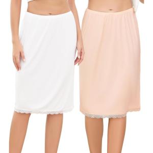 Lovasy 2 Pieces Slip Skirt for Women Lace Half Slips Anti-Static Underskirt Knee Length Under Dress Slips S-3XL(White & Nude)
