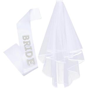 Lovasy Bride-to-Be Sash & Bride Veil White Wedding Veil for Bachelorette Party Bridal Shower Pearl Satin Sash 2pcs Bridal Accessories Set
