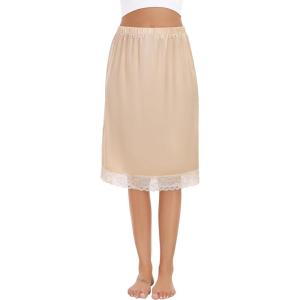 Lovasy Satin Half Slip for Women Under Dress Lace Long Underskirt Anti-Static Skirt Slips for Underdress S-3XL(Nude)
