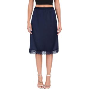 Lovasy Women Satin Half Slips Lace Long Underskirt Anti Static Under Skirt Soft Slip Dress for Skirts Dresses S-3XL(Navy Blue)
