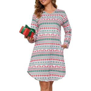 Lovasy Womens Cotton Long Sleeves Nightgowns Christmas Sleepwear V Neck Sleepshirt Nightdress with Pockets S-3XL(Christmas02)