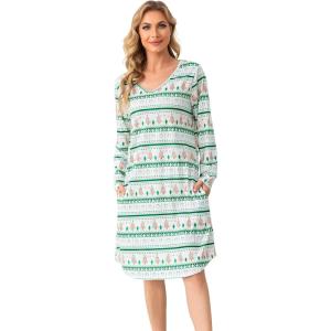 Lovasy Womens Cotton Long Sleeves Nightgowns Christmas Sleepwear V Neck Sleepshirt Nightdress with Pockets S-3XL(Christmas-green)