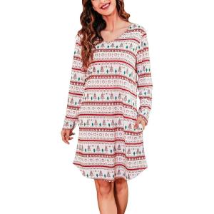 Lovasy Womens Cotton Long Sleeves Nightgowns Christmas Sleepwear V Neck Sleepshirt Nightdress with Pockets S-3XL(Christmas-red02)