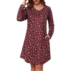 Lovasy Womens Cotton Long Sleeves Nightgowns Christmas Sleepwear V Neck Sleepshirt Nightdress with Pockets S-3XL(Christmas-wine Red01)