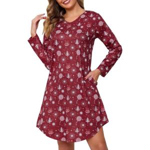Lovasy Womens Cotton Long Sleeves Nightgowns Christmas Sleepwear V Neck Sleepshirt Nightdress with Pockets S-3XL(Christmas-wine Red02)