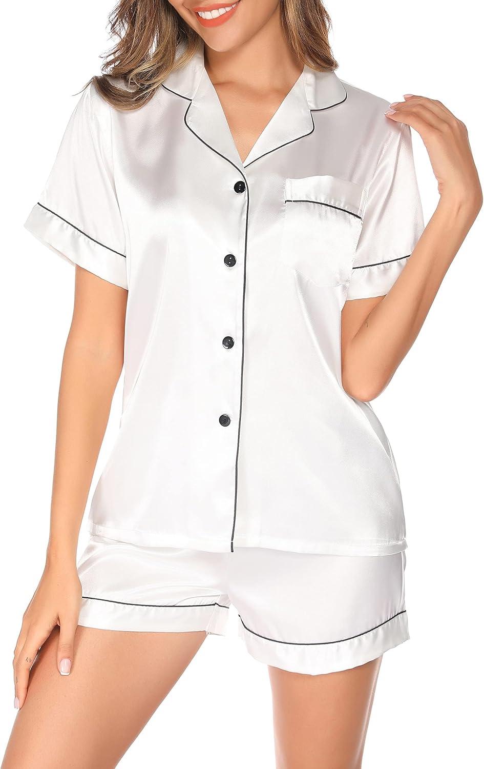 imageLovasy Womens Silk Pajamas Set Button Down Satin Sleepwear Short Sleeve Shirt with Shorts 2 Piece Pjs Set Loungewear S2XLWhite