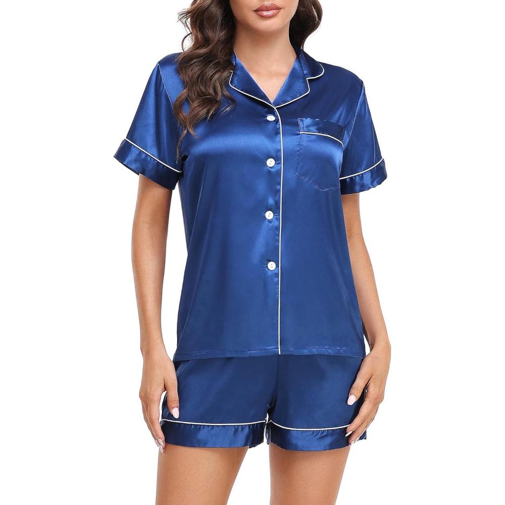 imageLovasy Womens Silk Pajamas Set Button Down Satin Sleepwear Short Sleeve Shirt with Shorts 2 Piece Pjs Set Loungewear S2XLBlue