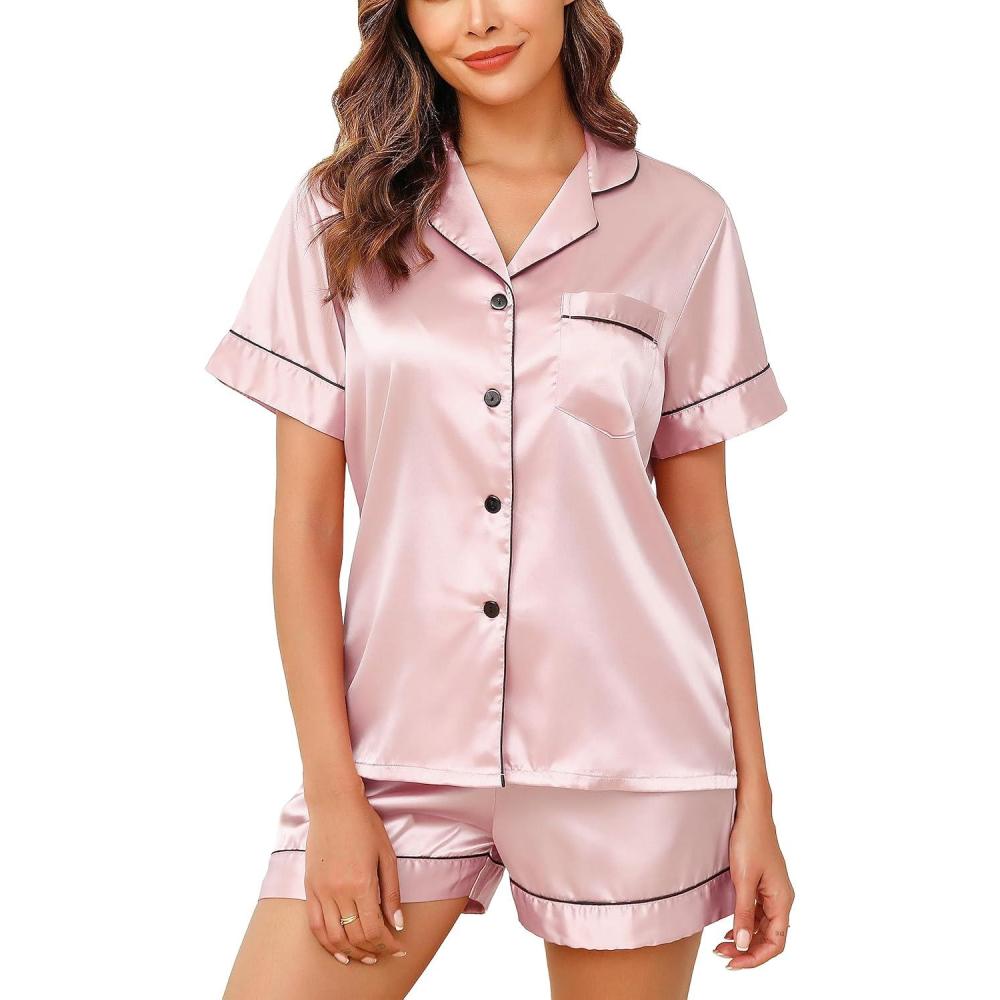 imageLovasy Womens Silk Pajamas Set Button Down Satin Sleepwear Short Sleeve Shirt with Shorts 2 Piece Pjs Set Loungewear S2XLLight Pink