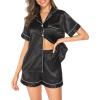 Lovasy Womens Silk Pajamas Set Button Down Satin Sleepwear Short Sleeve Shirt with Shorts 2 Piece Pjs Set Loungewear S-2XL(Black)