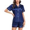 Lovasy Womens Silk Pajamas Set Button Down Satin Sleepwear Short Sleeve Shirt with Shorts 2 Piece Pjs Set Loungewear S-2XL(Dark Blue)