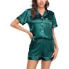 Lovasy Womens Silk Pajamas Set Button Down Satin Sleepwear Short Sleeve Shirt with Shorts 2 Piece Pjs Set Loungewear S-2XL(Dark Green)