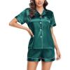 Lovasy Womens Silk Pajamas Set Button Down Satin Sleepwear Short Sleeve Shirt with Shorts 2 Piece Pjs Set Loungewear S-2XL(Dark Green)