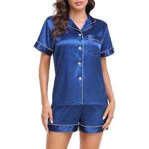 Lovasy Womens Silk Pajamas Set Button Down Satin Sleepwear Short Sleeve Shirt with Shorts 2 Piece Pjs Set Loungewear S-2XL(Blue)