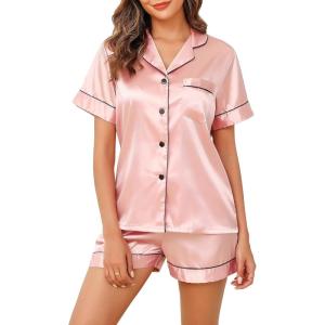 Lovasy Womens Silk Pajamas Set Button Down Satin Sleepwear Short Sleeve Shirt with Shorts 2 Piece Pjs Set Loungewear S-2XL(Pink)