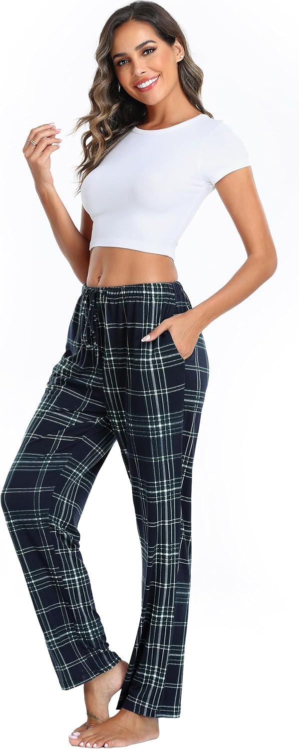 imageLovasy Womens Plaid Pajama Pants Casual Drawstring Waist Bottoms Sleepwear Sleep Pants with Pockets SXXLPlaidblack and White