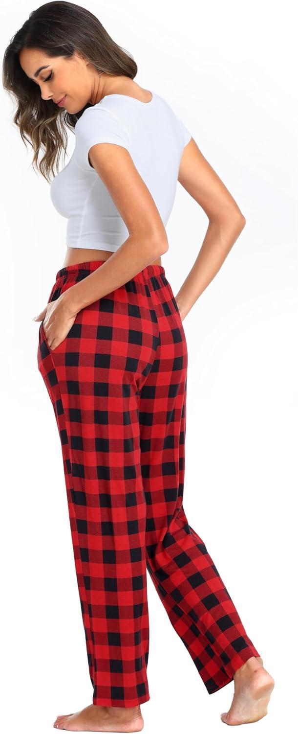 imageLovasy Womens Plaid Pajama Pants Casual Drawstring Waist Bottoms Sleepwear Sleep Pants with Pockets SXXLPlaidred1