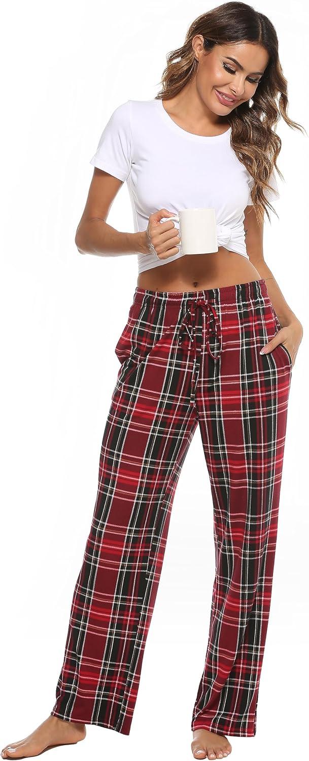 imageLovasy Womens Plaid Pajama Pants Casual Drawstring Waist Bottoms Sleepwear Sleep Pants with Pockets SXXLPlaidwine Red