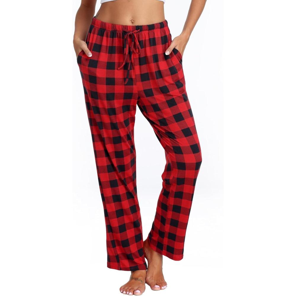 imageLovasy Womens Plaid Pajama Pants Casual Drawstring Waist Bottoms Sleepwear Sleep Pants with Pockets SXXLPlaidred1