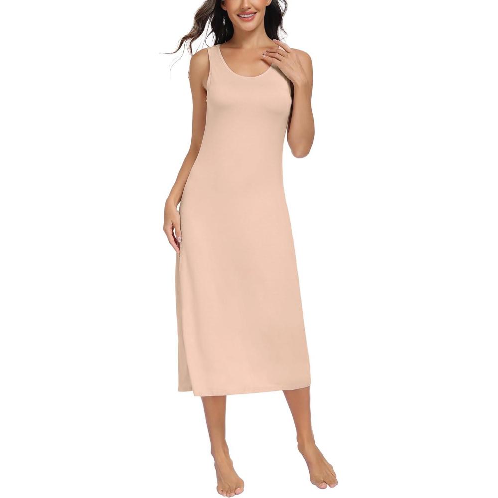 imageLovasy Womens Full Slip Tank Top Dress Wide Straps Long Slips Underdress Soft Sleeveless Nightgown S3XLNude