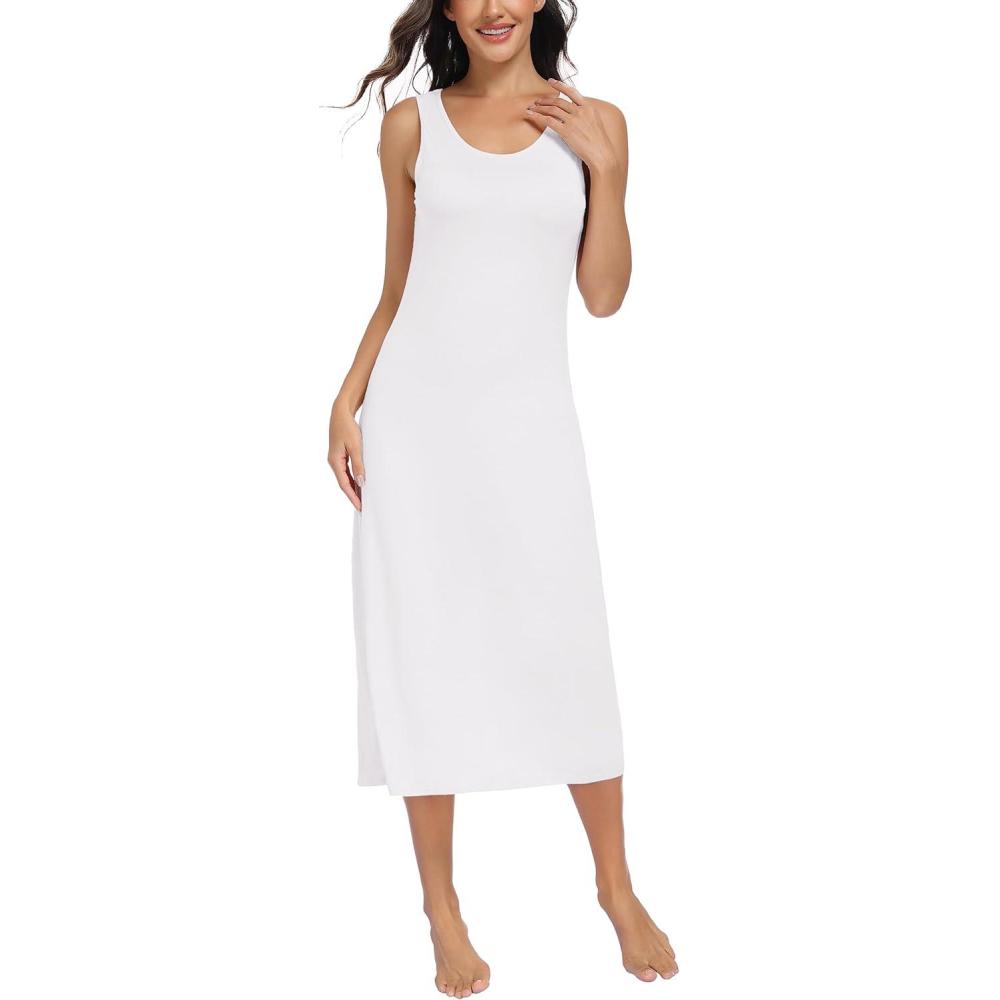 imageLovasy Womens Full Slip Tank Top Dress Wide Straps Long Slips Underdress Soft Sleeveless Nightgown S3XLWhite