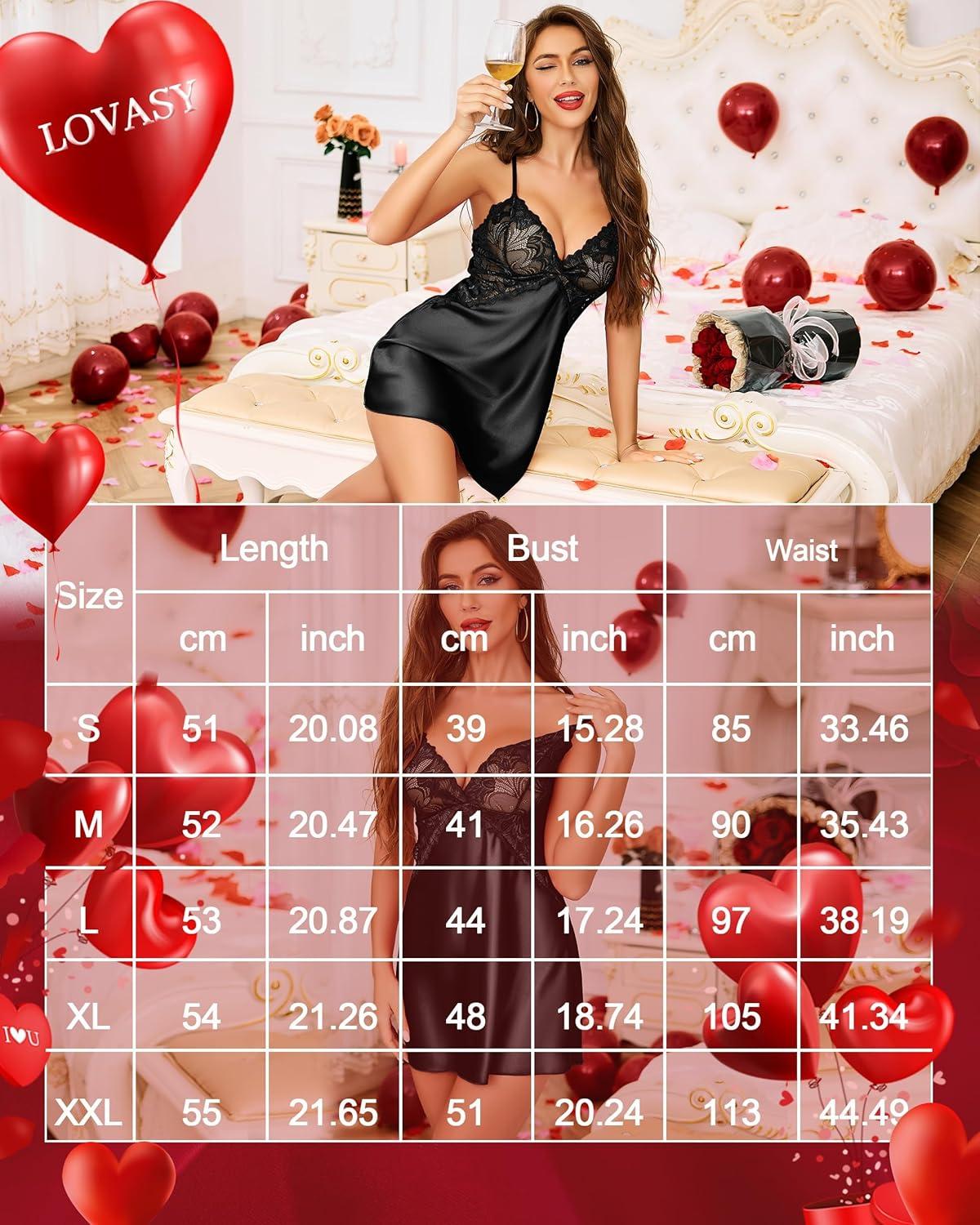 imageLovasy Women Lingerie Sexy Nightwear Satin Nightgown Lace Babydoll Chemise Night Dress with Thong Sleepwear S2XLBlack