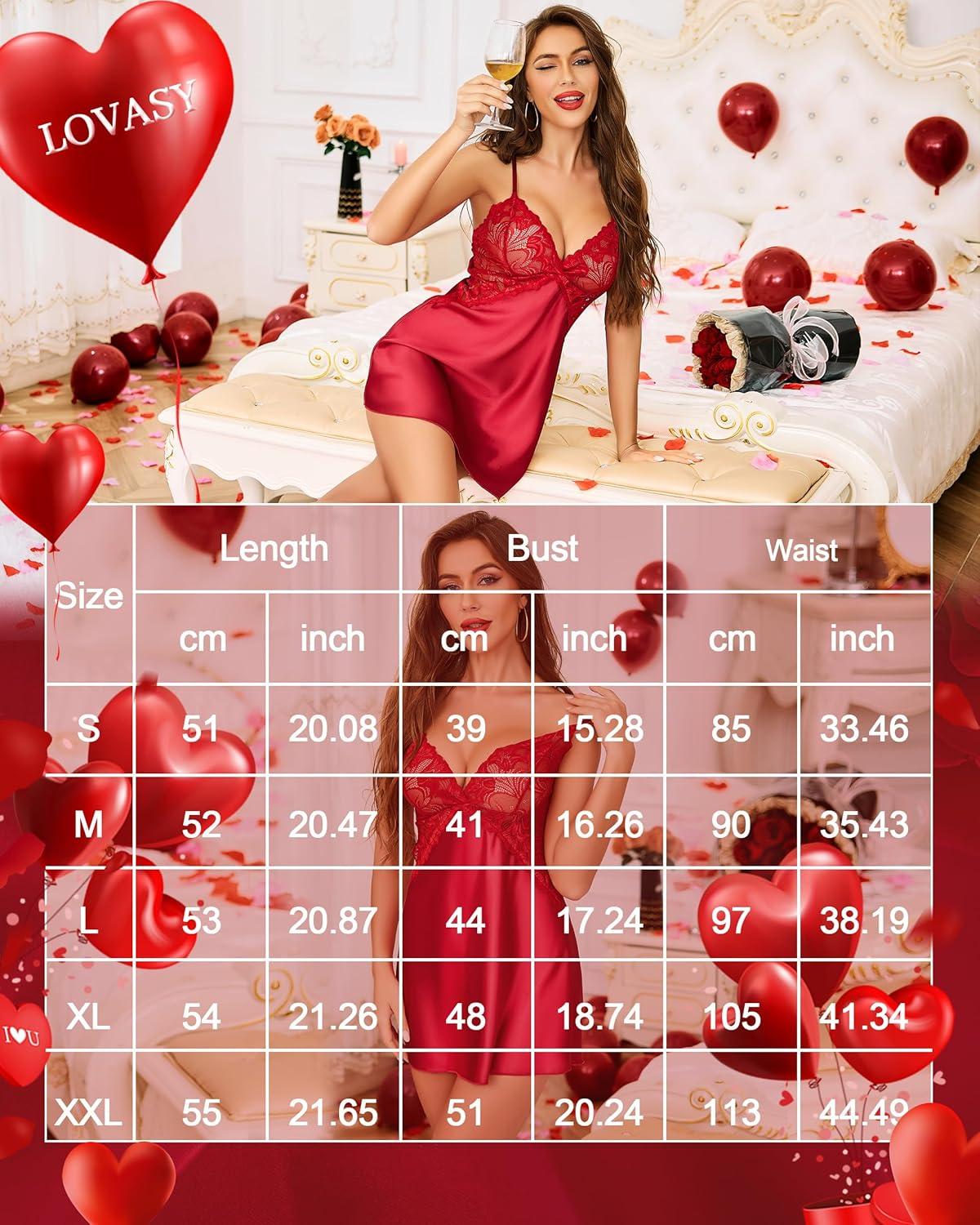imageLovasy Women Lingerie Sexy Nightwear Satin Nightgown Lace Babydoll Chemise Night Dress with Thong Sleepwear S2XLDeep Red