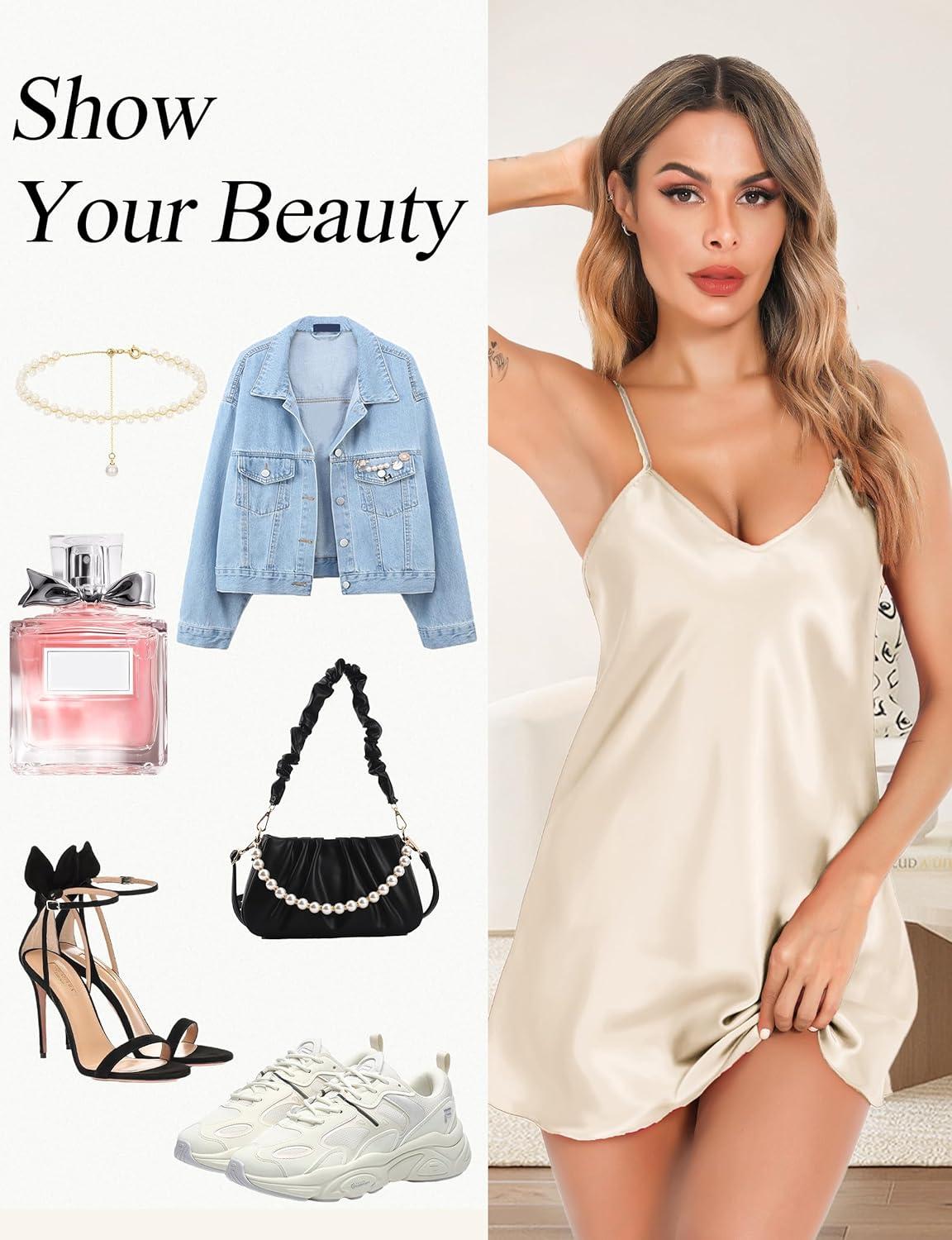 imageLovasy Womens 2 Pack Silk Nightgown Sexy Lingerie Satin Sleepwear Negligee V Neck Chemise Nightwear Mini Slip Dress SXXLBlack Champagne