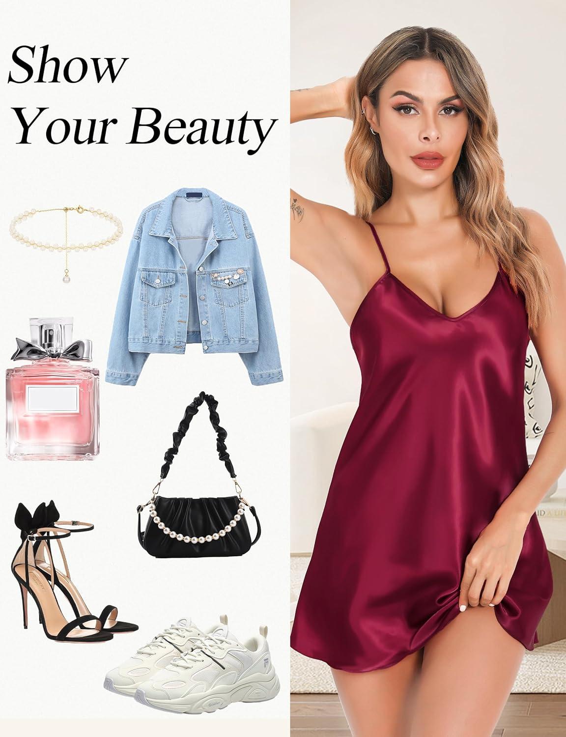 imageLovasy Womens 2 Pack Silk Nightgown Sexy Lingerie Satin Sleepwear Negligee V Neck Chemise Nightwear Mini Slip Dress SXXLBlack Purplish Red