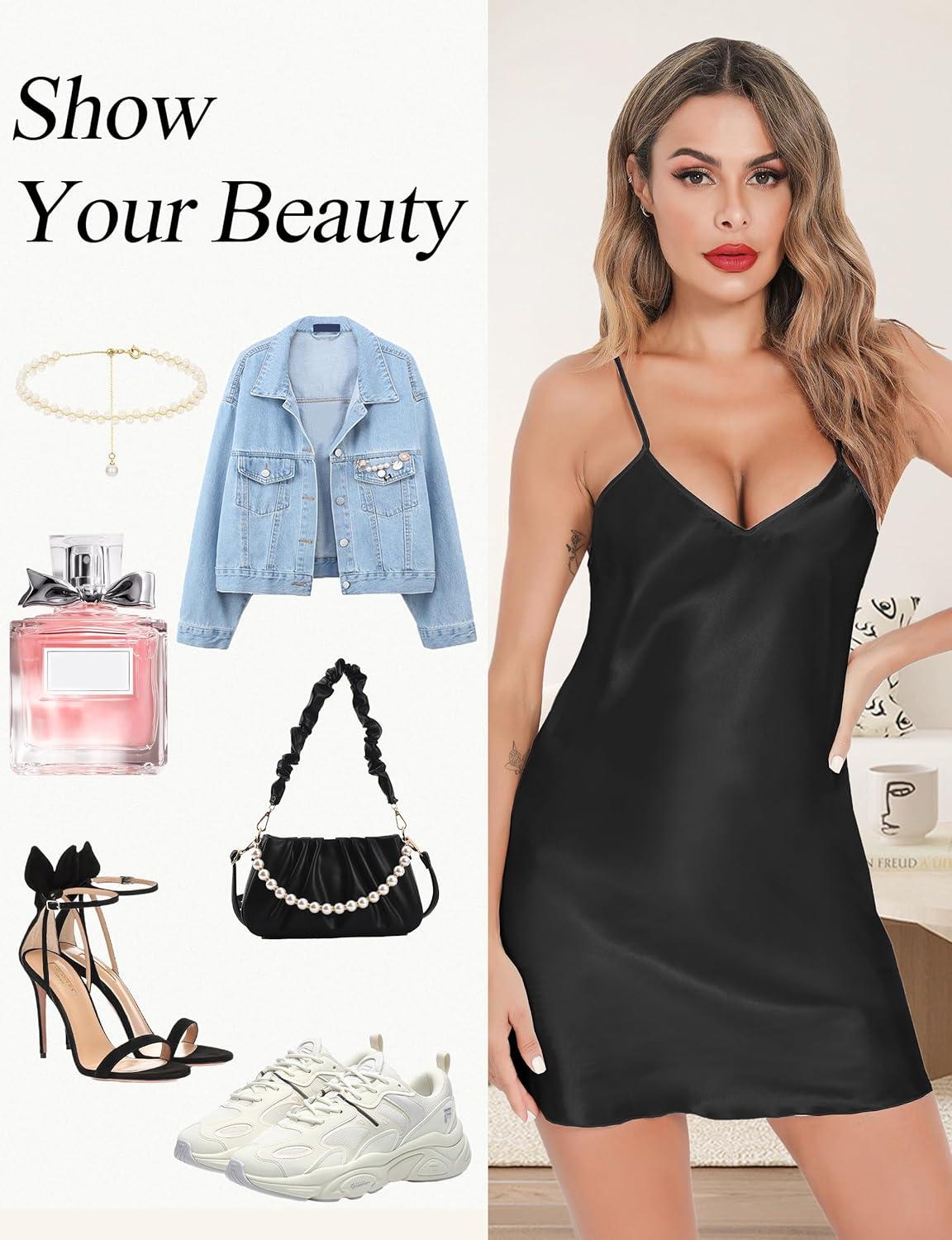 imageLovasy Womens 2 Pack Silk Nightgown Sexy Lingerie Satin Sleepwear Negligee V Neck Chemise Nightwear Mini Slip Dress SXXLBlack White