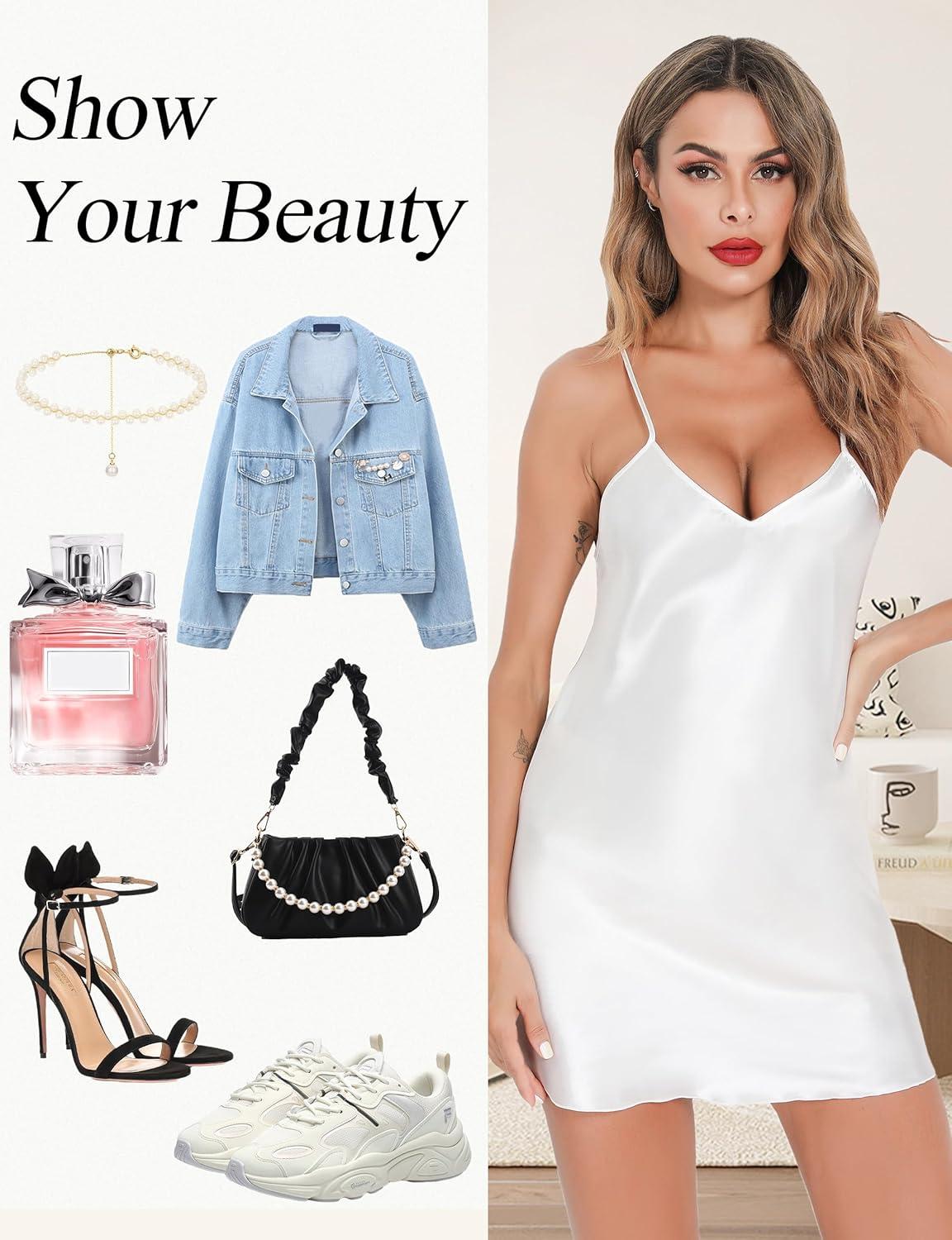 imageLovasy Womens 2 Pack Silk Nightgown Sexy Lingerie Satin Sleepwear Negligee V Neck Chemise Nightwear Mini Slip Dress SXXLChampagne White
