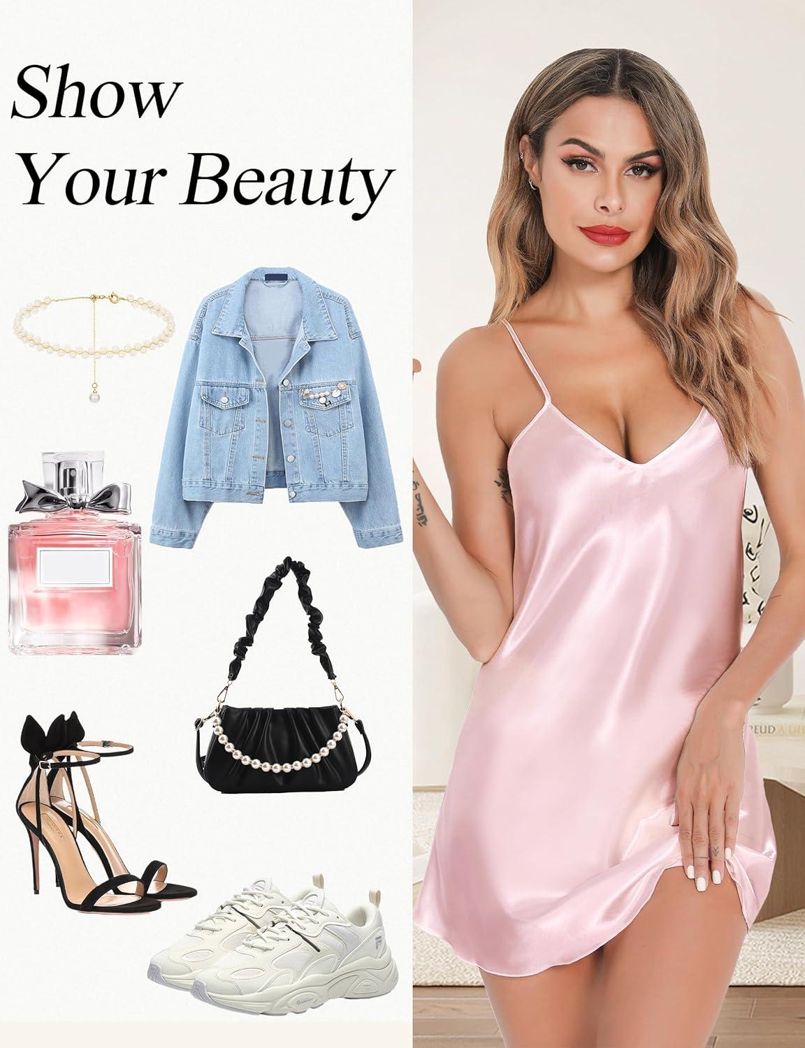 imageLovasy Womens 2 Pack Silk Nightgown Sexy Lingerie Satin Sleepwear Negligee V Neck Chemise Nightwear Mini Slip Dress SXXLPink White