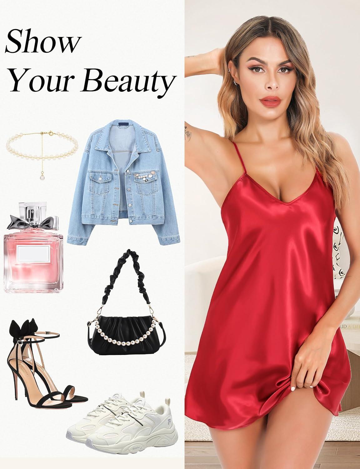 imageLovasy Womens 2 Pack Silk Nightgown Sexy Lingerie Satin Sleepwear Negligee V Neck Chemise Nightwear Mini Slip Dress SXXLRed Dark Blue