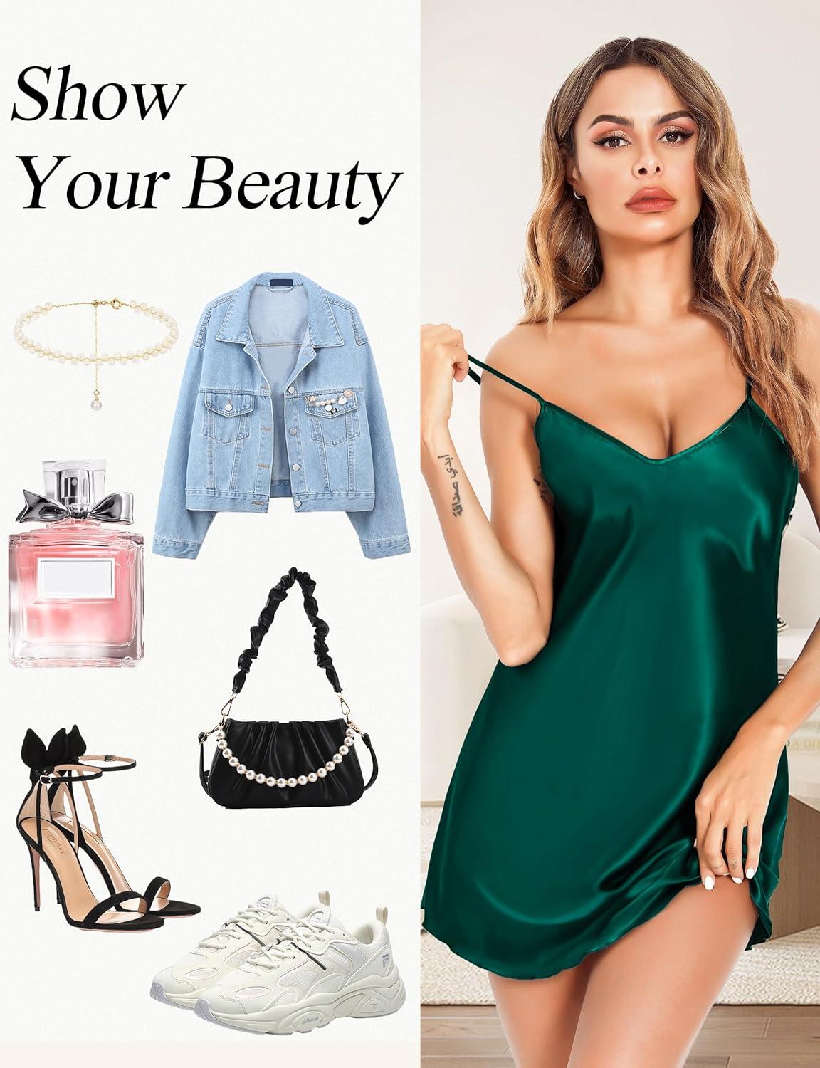 imageLovasy Womens 2 Pack Silk Nightgown Sexy Lingerie Satin Sleepwear Negligee V Neck Chemise Nightwear Mini Slip Dress SXXLWhite Dark Green