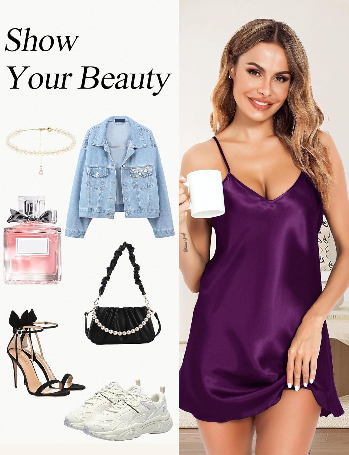 imageLovasy Womens 2 Pack Silk Nightgown Sexy Lingerie Satin Sleepwear Negligee V Neck Chemise Nightwear Mini Slip Dress SXXLWhite Dark Purple