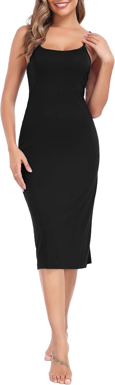 imageLovasy Womens Full Slip for Under Dresses Cami Slip Mini Dress Adjustable Straps Basic Long Full Slips Nightgown S3XLBlack