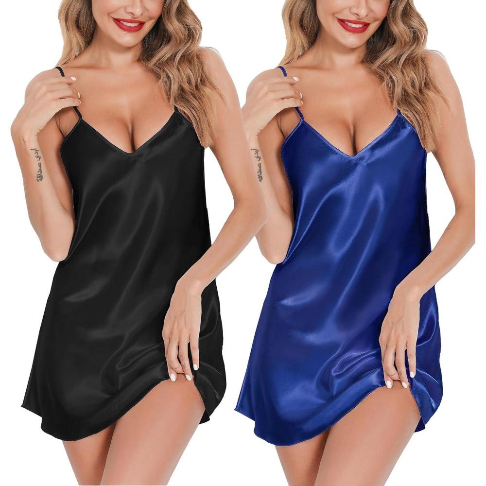 imageLovasy Womens 2 Pack Silk Nightgown Sexy Lingerie Satin Sleepwear Negligee V Neck Chemise Nightwear Mini Slip Dress SXXLBlack Dark Blue