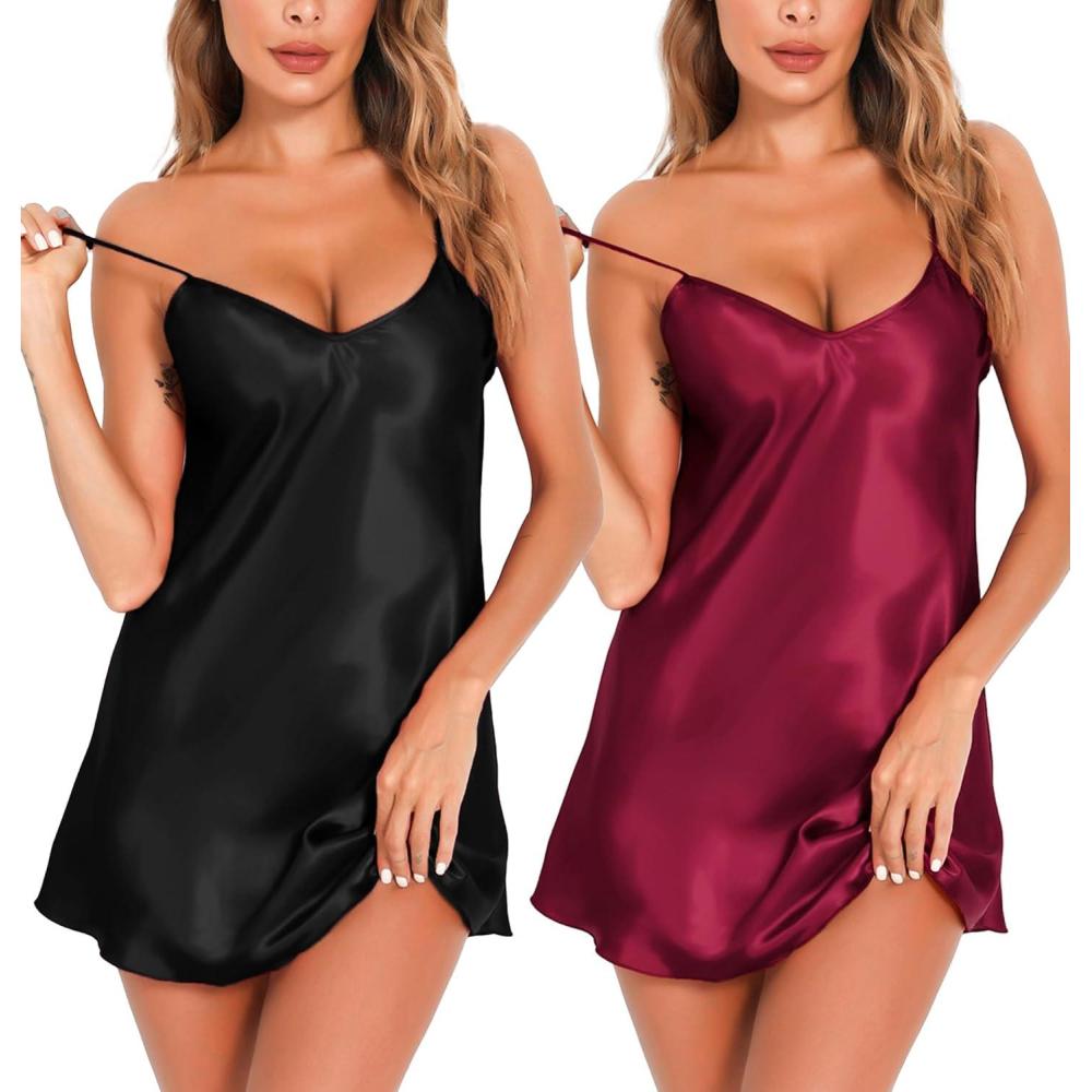 imageLovasy Womens 2 Pack Silk Nightgown Sexy Lingerie Satin Sleepwear Negligee V Neck Chemise Nightwear Mini Slip Dress SXXLBlack Purplish Red