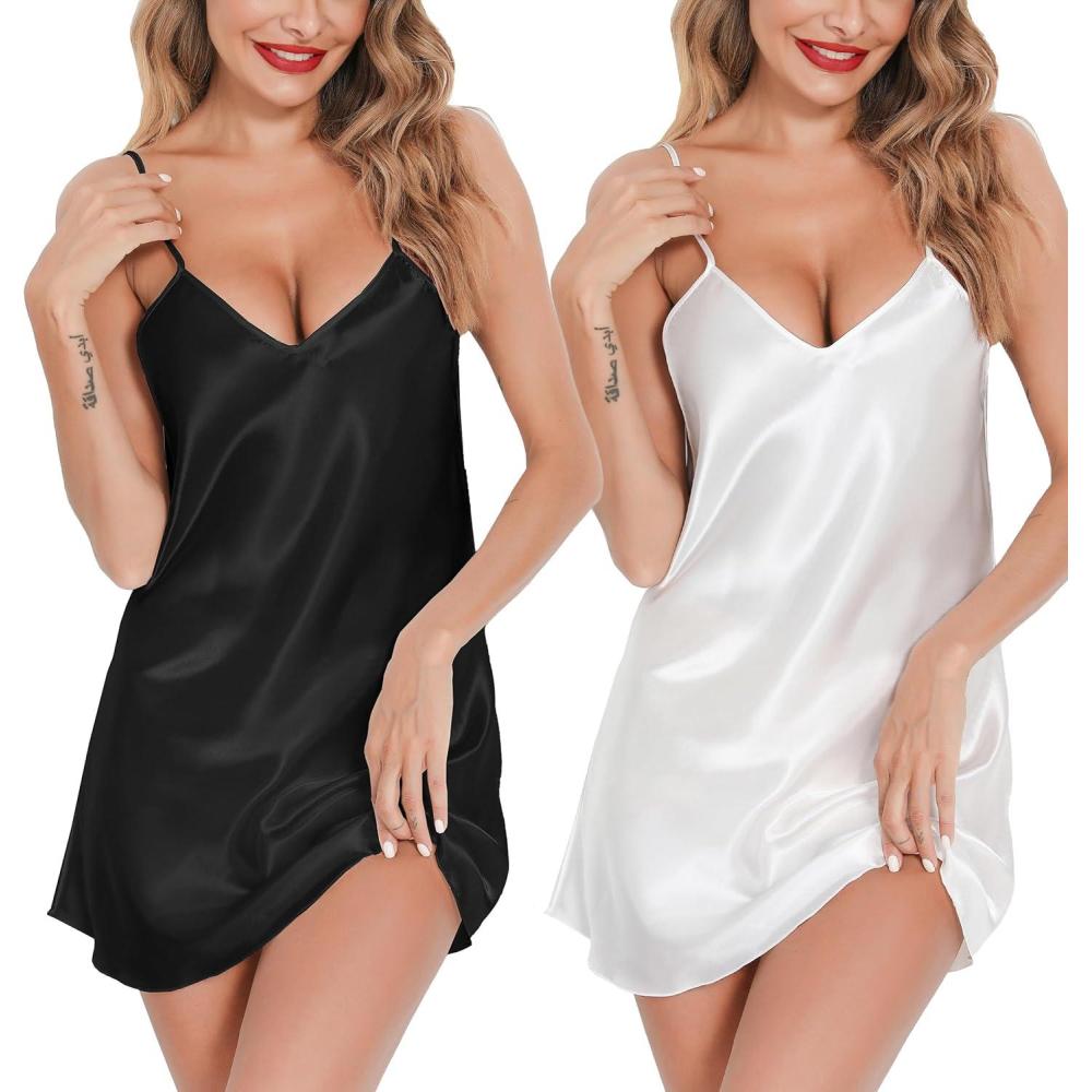 imageLovasy Womens 2 Pack Silk Nightgown Sexy Lingerie Satin Sleepwear Negligee V Neck Chemise Nightwear Mini Slip Dress SXXLBlack White