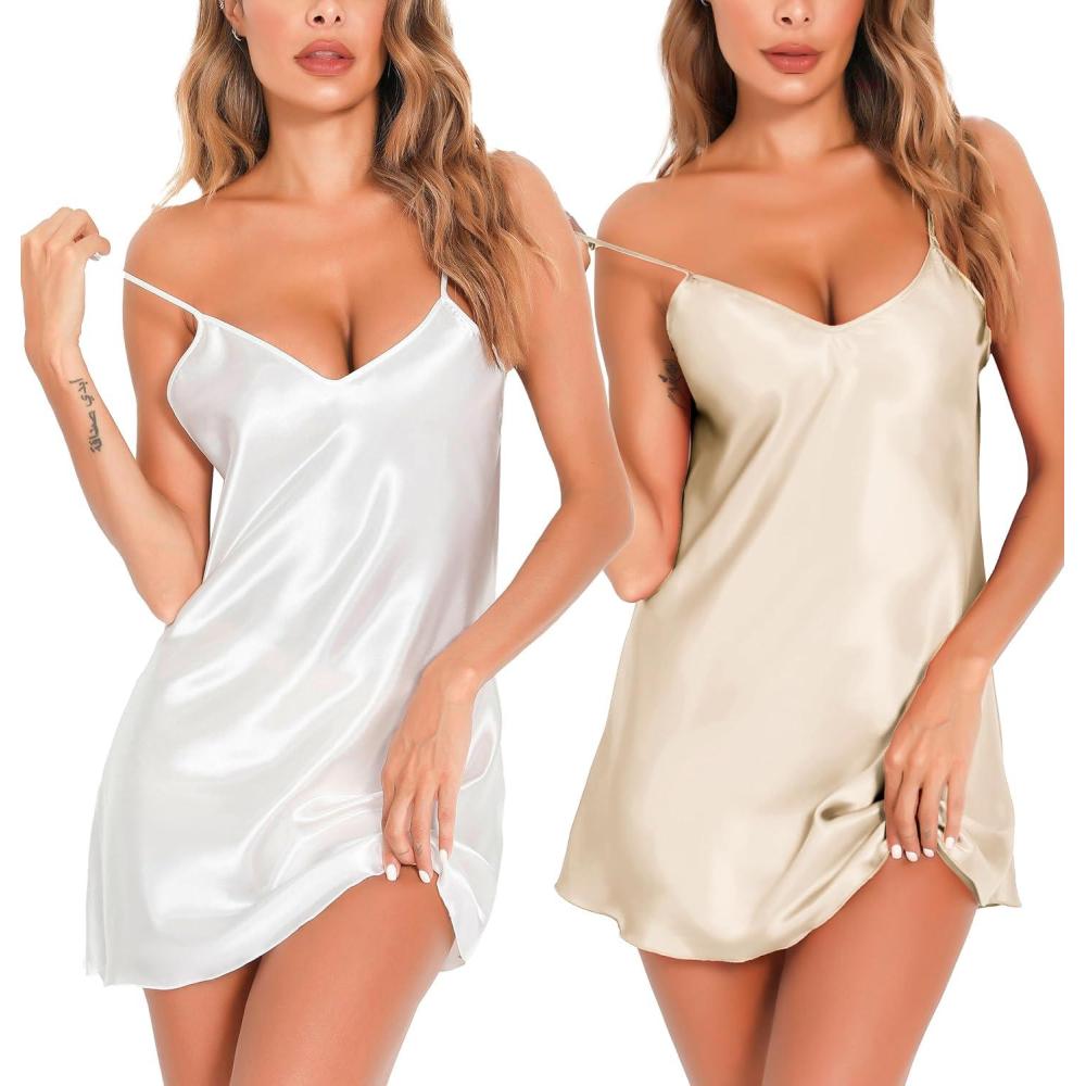 imageLovasy Womens 2 Pack Silk Nightgown Sexy Lingerie Satin Sleepwear Negligee V Neck Chemise Nightwear Mini Slip Dress SXXLChampagne White