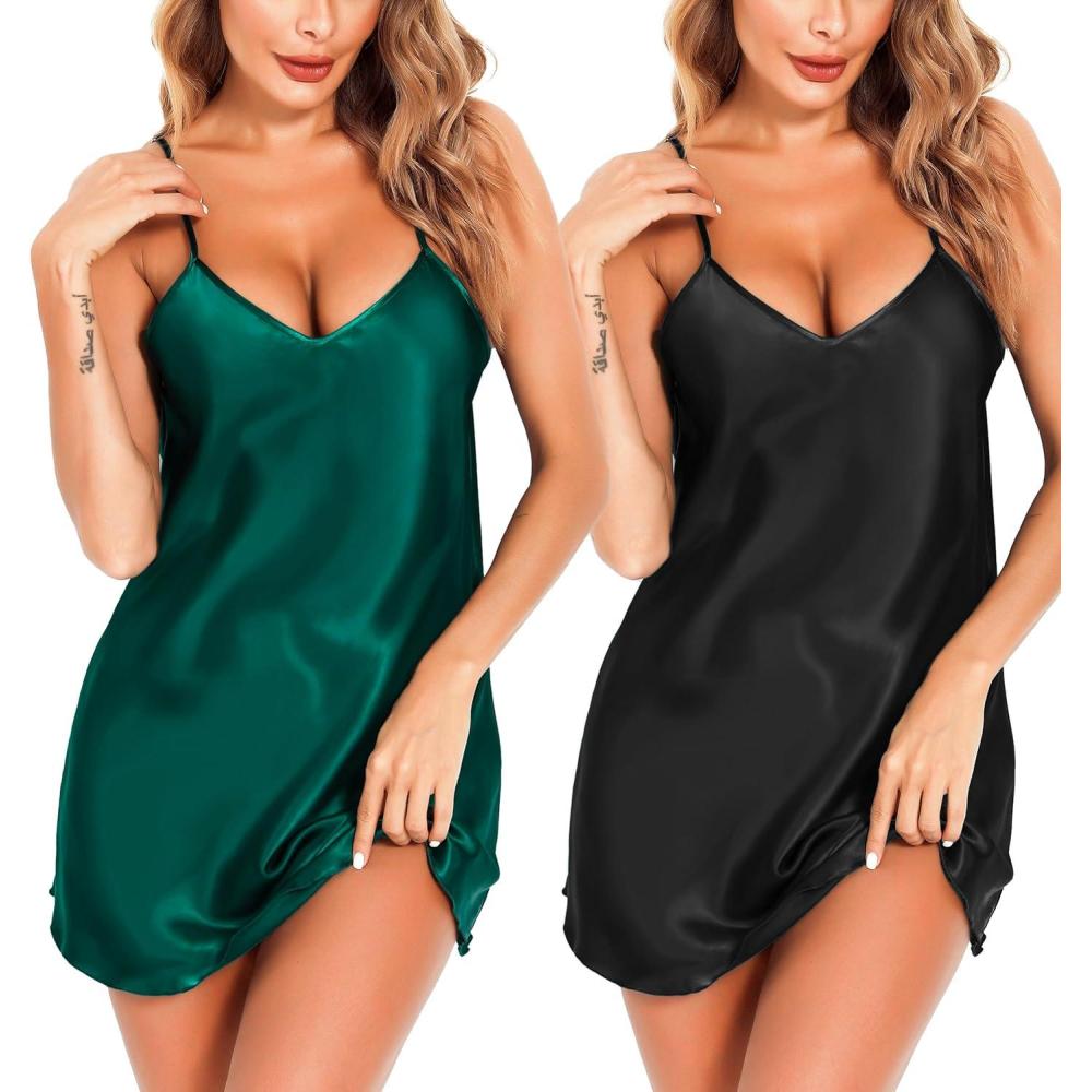 imageLovasy Womens 2 Pack Silk Nightgown Sexy Lingerie Satin Sleepwear Negligee V Neck Chemise Nightwear Mini Slip Dress SXXLDark Green Black