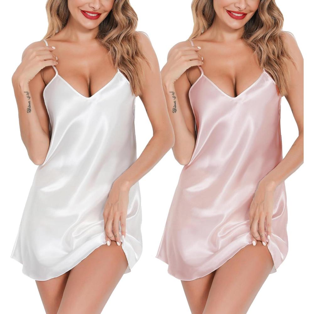imageLovasy Womens 2 Pack Silk Nightgown Sexy Lingerie Satin Sleepwear Negligee V Neck Chemise Nightwear Mini Slip Dress SXXLPink White