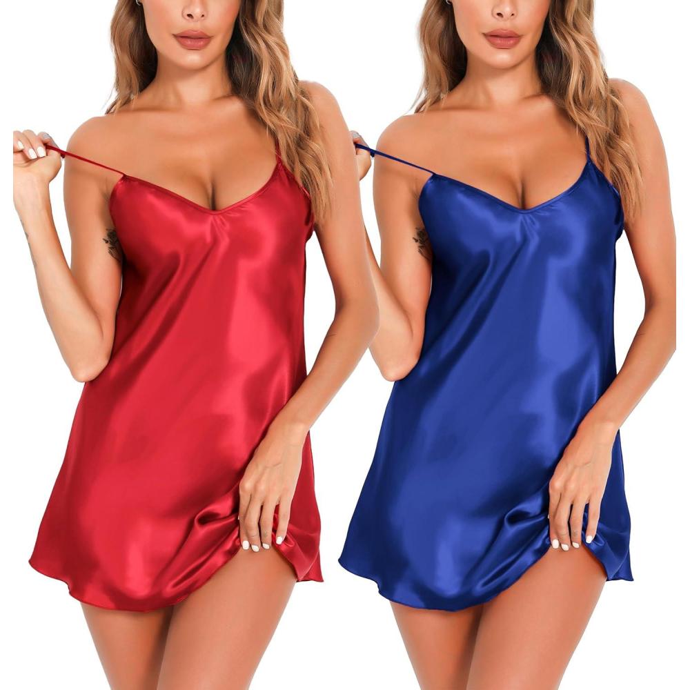 imageLovasy Womens 2 Pack Silk Nightgown Sexy Lingerie Satin Sleepwear Negligee V Neck Chemise Nightwear Mini Slip Dress SXXLRed Dark Blue