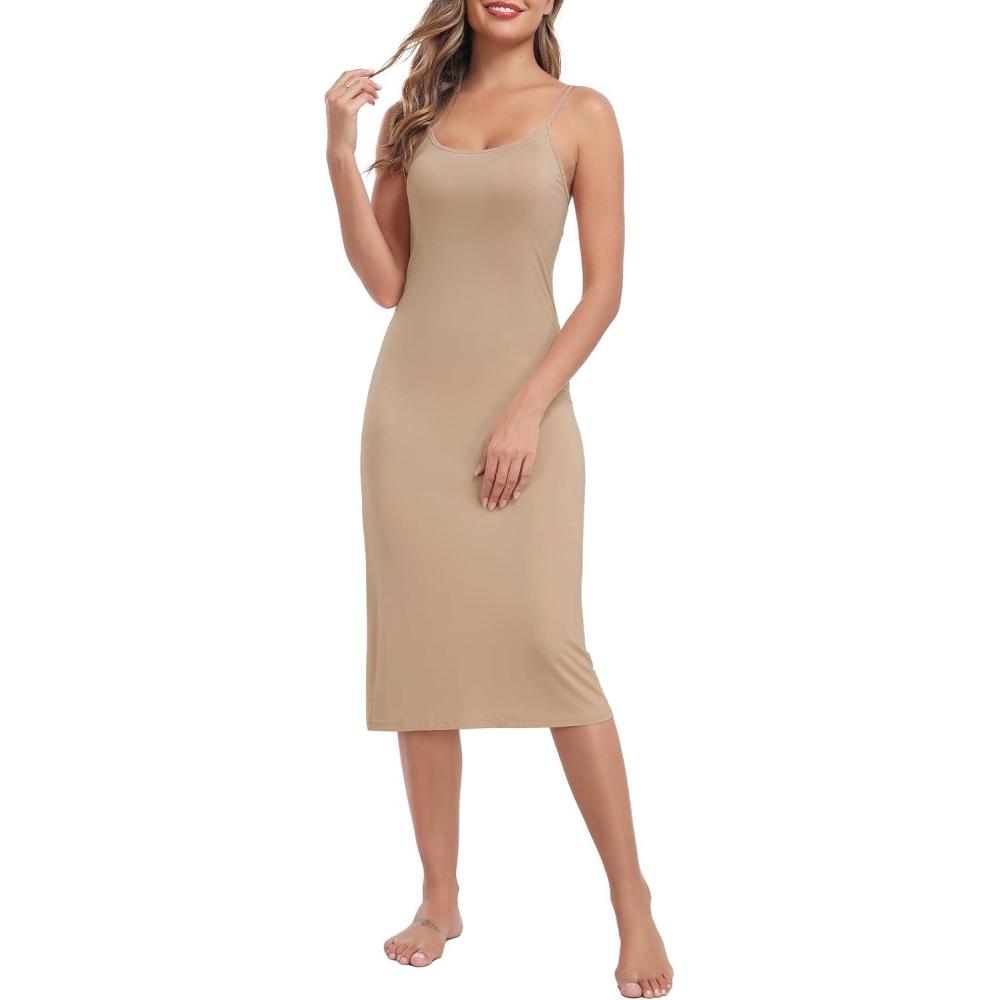 imageLovasy Womens Full Slip for Under Dresses Cami Slip Mini Dress Adjustable Straps Basic Long Full Slips Nightgown S3XLCamel