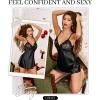 Lovasy Women Lingerie Sexy Nightwear Satin Nightgown Lace Babydoll Chemise Night Dress with Thong Sleepwear S-2XL(Black)