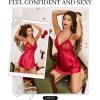 Lovasy Women Lingerie Sexy Nightwear Satin Nightgown Lace Babydoll Chemise Night Dress with Thong Sleepwear S-2XL(Deep Red)