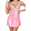 Lovasy Women Lingerie Sexy Nightwear Satin Nightgown Lace Babydoll Chemise Night Dress with Thong Sleepwear S-2XL(Pink)